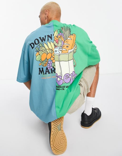 Camiseta verde extragrande con diseño color block y estampado de dibujo en la espalda de ASOS DESIGN