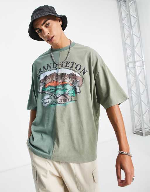 Camiseta verde extragrande con diseño color block y estampado de Grand Teton de ASOS DESIGN