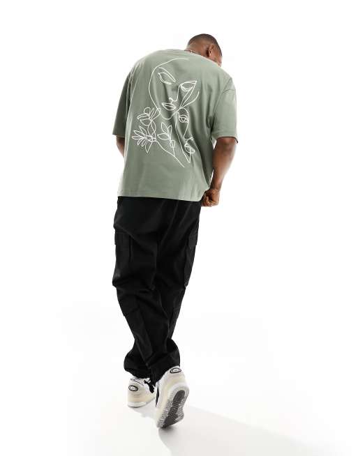 Camiseta verde extragrande con estampado de dibujo lineal en la espalda de ASOS DESIGN