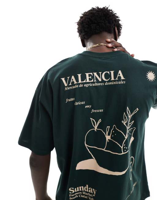 Camiseta verde extragrande con estampado de frutas y texto 