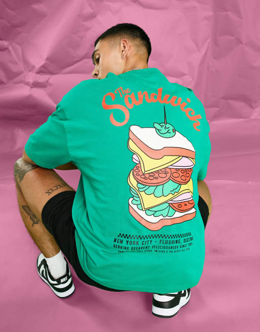 Camiseta verde extragrande con estampado de sándwich en la espalda de ASOS DESIGN