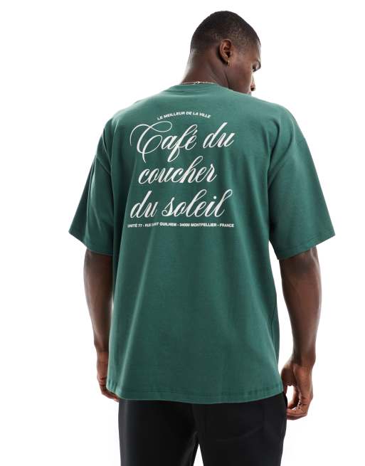 Camiseta verde extragrande con estampado en la espalda de texto de tejido grueso de Selected Homme
