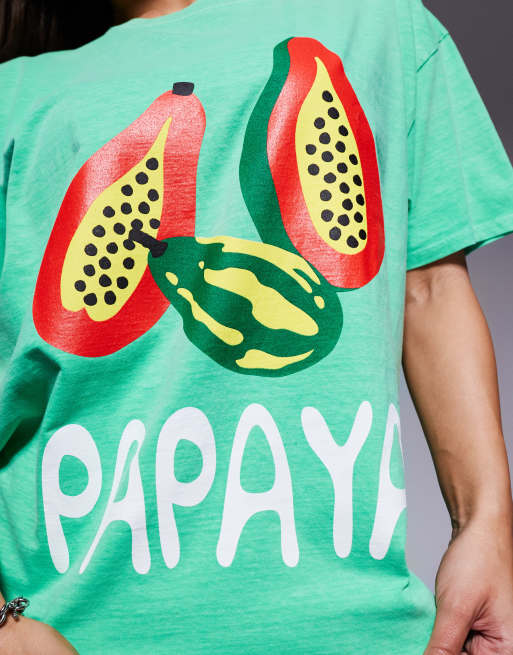 Camiseta verde extragrande con estampado gráfico de papaya de tejido rico en algodón exclusiva de Kaiia    , 3 de 4
