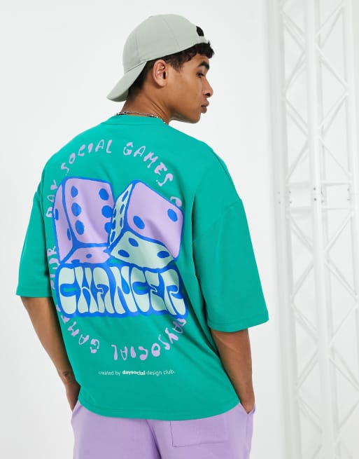 Camiseta verde extragrande con estampado grande de dados de tejido grueso de ASOS Daysocial (parte de un conjunto)