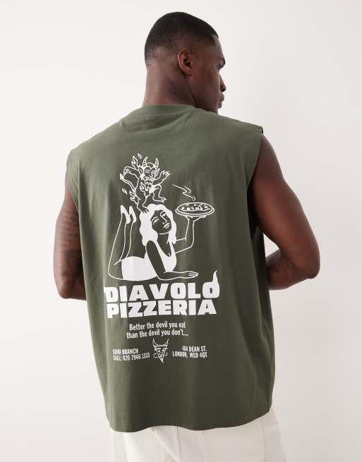 Camiseta verde extragrande sin mangas con estampado gráfico de pizza de ASOS DESIGN, 3 de 7
