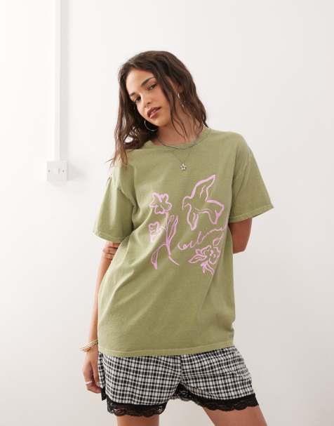 Camiseta verde lavado extragrande con estampado de pájaro rosa de algodón de Reclaimed Vintage - view 1