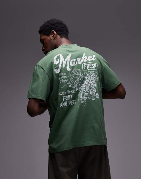 Camiseta verde lavado extragrande con estampado delantero y trasero "Market" de Topman - view 1