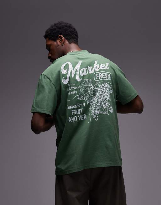 Camiseta verde lavado extragrande con estampado delantero y trasero 