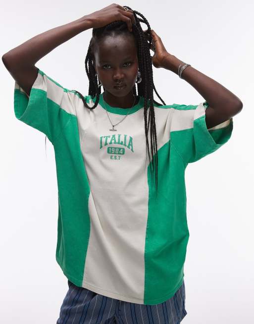 Camiseta verde lavado extragrande de estilo deportivo vintage con estampado gráfico 
