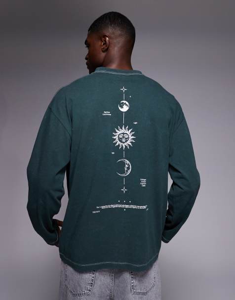 Camiseta verde lavado extragrande de manga larga con estampado gráfico celestial vertical en la espalda de tejido grueso de ASOS DESIGN - view 1