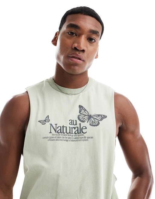 Camiseta verde lavado extragrande sin mangas con diseño estampado de tejido grueso de 220 g/m2 de ASOS DESIGN
