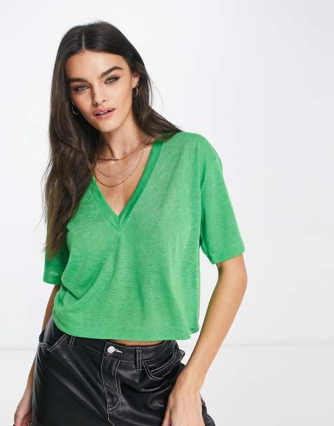 Camiseta verde luminoso texturizada con cuello de pico de ASOS DESIGN - view 1