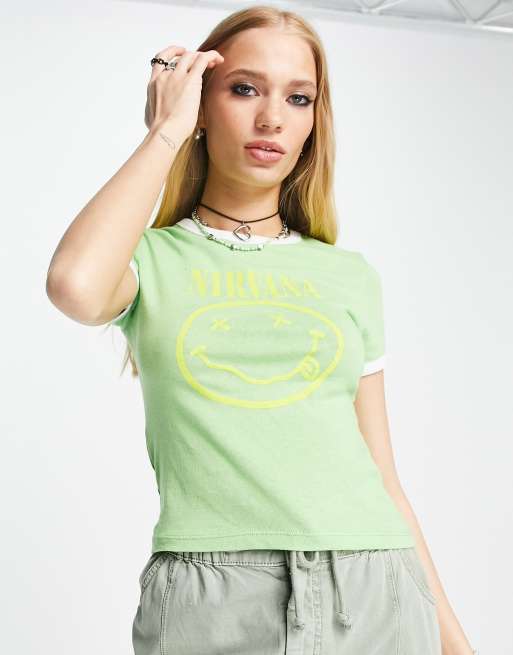 Camiseta verde muy entallada con ribetes y estampado gráfico de Nirvana de Topshop, 3 de 4