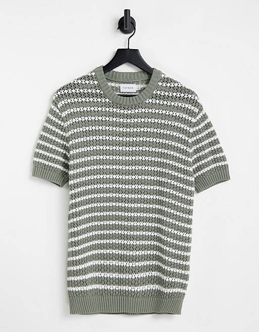 Hombre Other | Camiseta verde oliva a rayas de punto de croché de Topman - CO13560