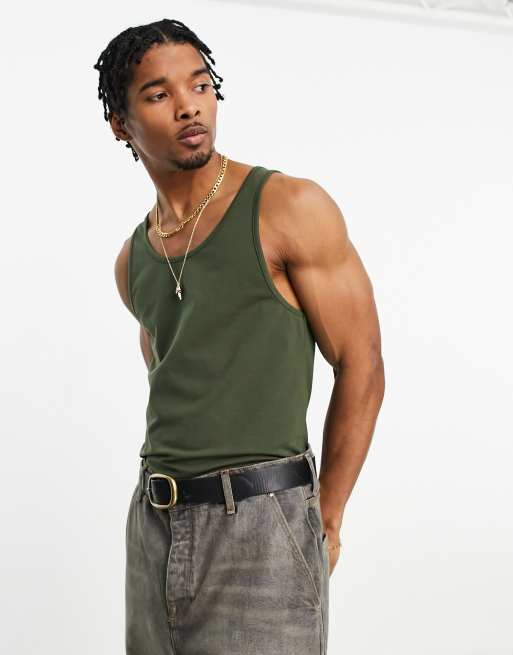 Camiseta verde oscuro ajustada sin mangas con cuello ancho de ASOS DESIGN