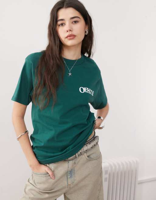 Camiseta verde oscuro con logo gráfico y estampado trasero Sensory de Obey, 2 de 4