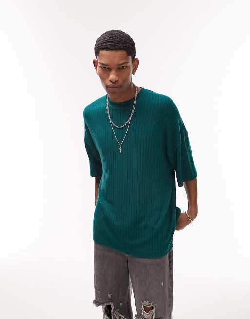 Camiseta verde oscuro con textura acanalada ultragrande de Topman
