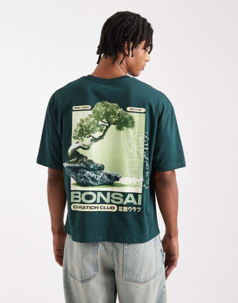 Camiseta verde oscuro de corte cuadrado extragrande con estampado gráfico de bonsái de ASOS DESIGN - view 1