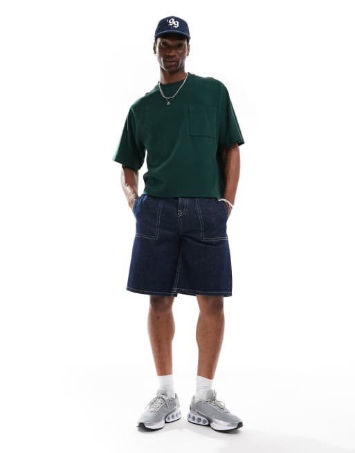 Camiseta verde oscuro de corte cuadrado extragrande con mangas raglán y bolsillo de ASOS DESIGN