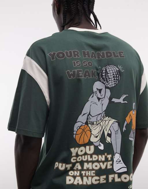 Camiseta verde oscuro extragrande con estampado de baloncesto en la espalda y logo de AND1, 3 de 5