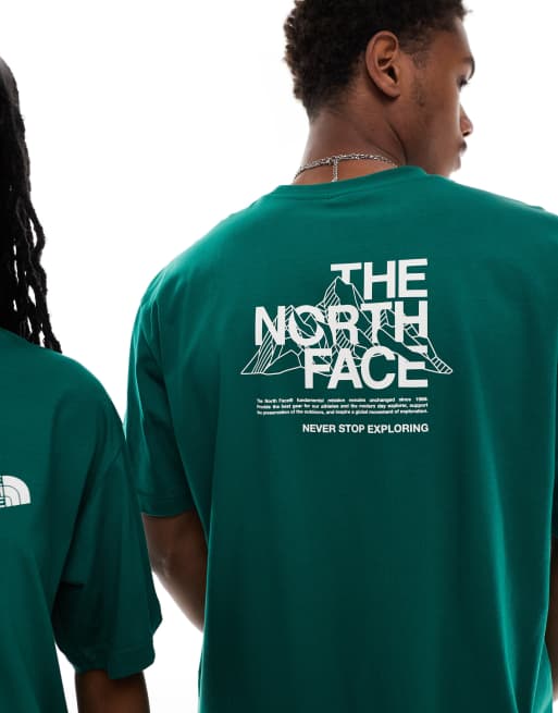 Camiseta verde oscuro extragrande con estampado de montaña delineada en la espalda de The North Face