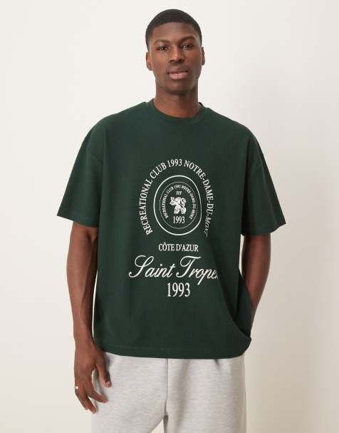 Camiseta verde oscuro extragrande con estampado gráfico de ciudad de punto gofrado grueso de 230 g/m² de ASOS DESIGN - view 1