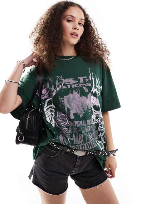 Camiseta verde oscuro extragrande con estampado gráfico roquero dividido y detalles desgastados de ASOS DESIGN