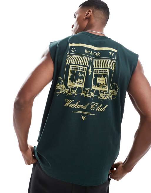 Camiseta verde oscuro extragrande sin mangas con estampado de cafetería en la espalda de ASOS DESIGN
