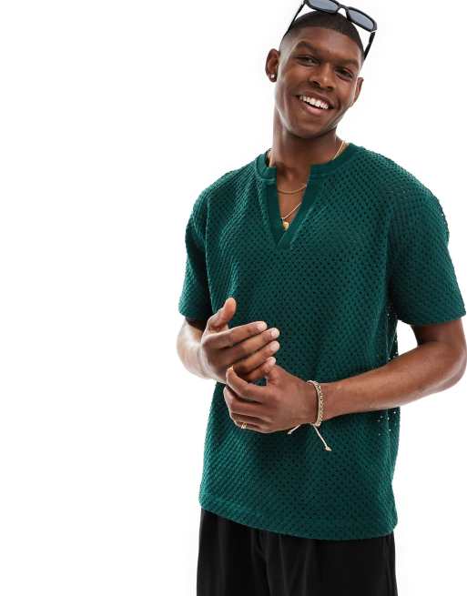 Camiseta verde oscuro holgada con cuello de pico de tejido texturizado de ASOS DESIGN