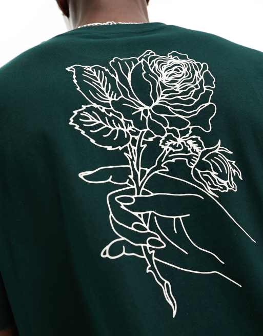 Camiseta verde oscuro holgada con estampado delineado de rosa de ASOS DESIGN, 4 de 4