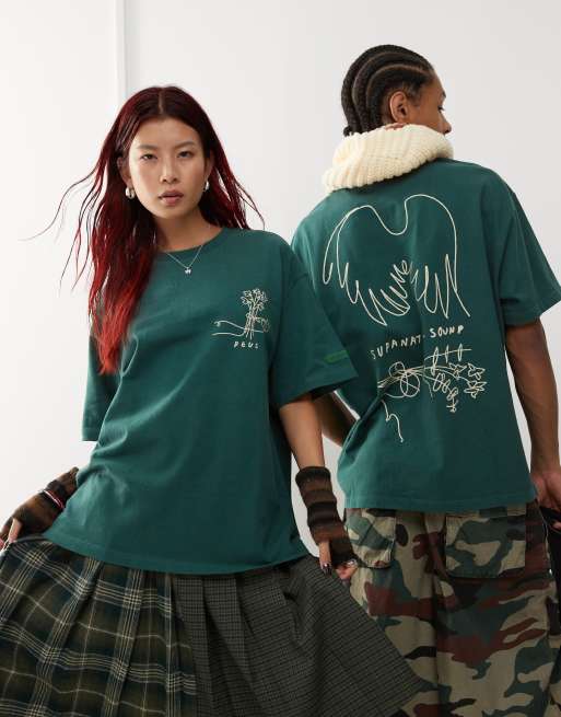 Camiseta verde oscuro unisex con estampado gráfico Hauntology de Deus Ex Machina