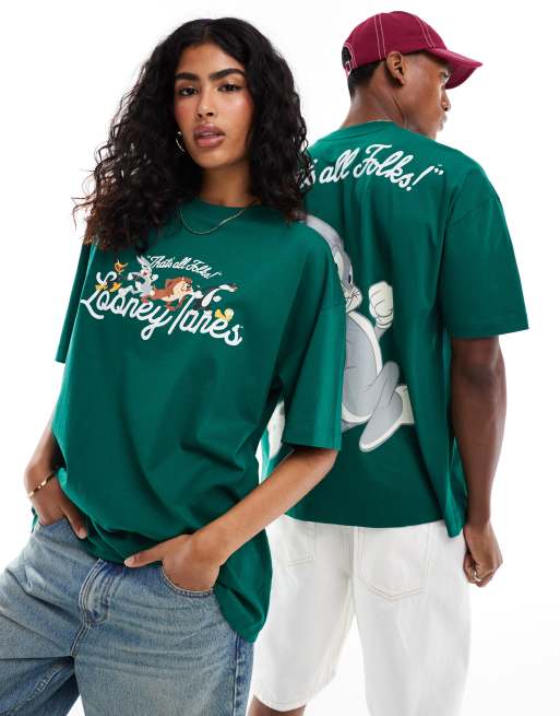 Camiseta verde unisex extragrande con estampados de Bugs Bunny de los Looney Tunes de ASOS DESIGN