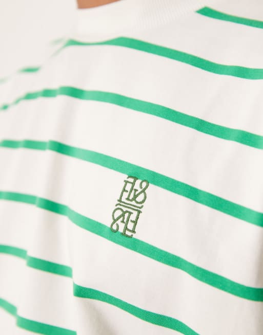 Camiseta verde y blanca a rayas de corte cuadrado extragrande con logo bordado de ASOS DESIGN, 3 de 4