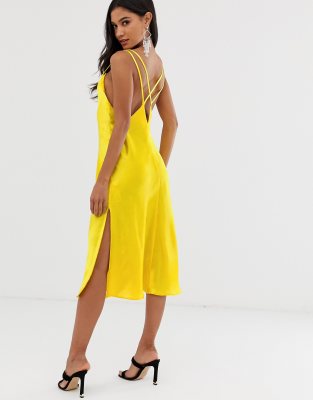 asos design midi strappy cami dress with knot front plunge in satin