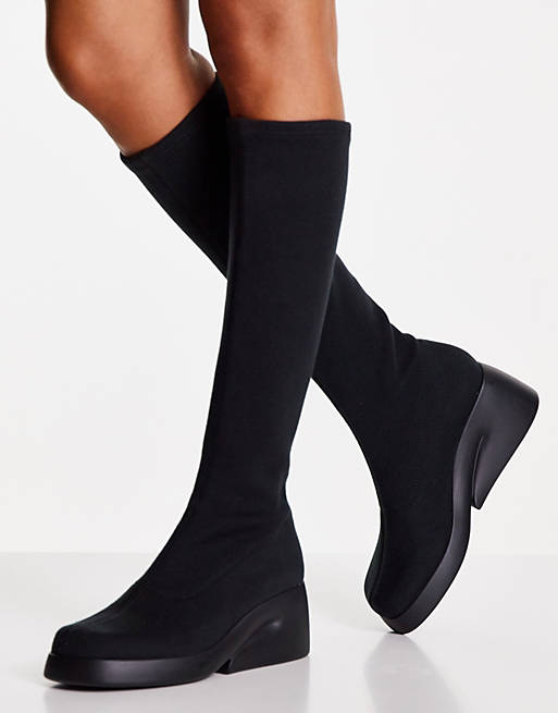 Camper knee high pull on heeled boots black