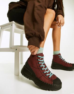 Camper lace up walking boots with chunky rubber soles in burgundy