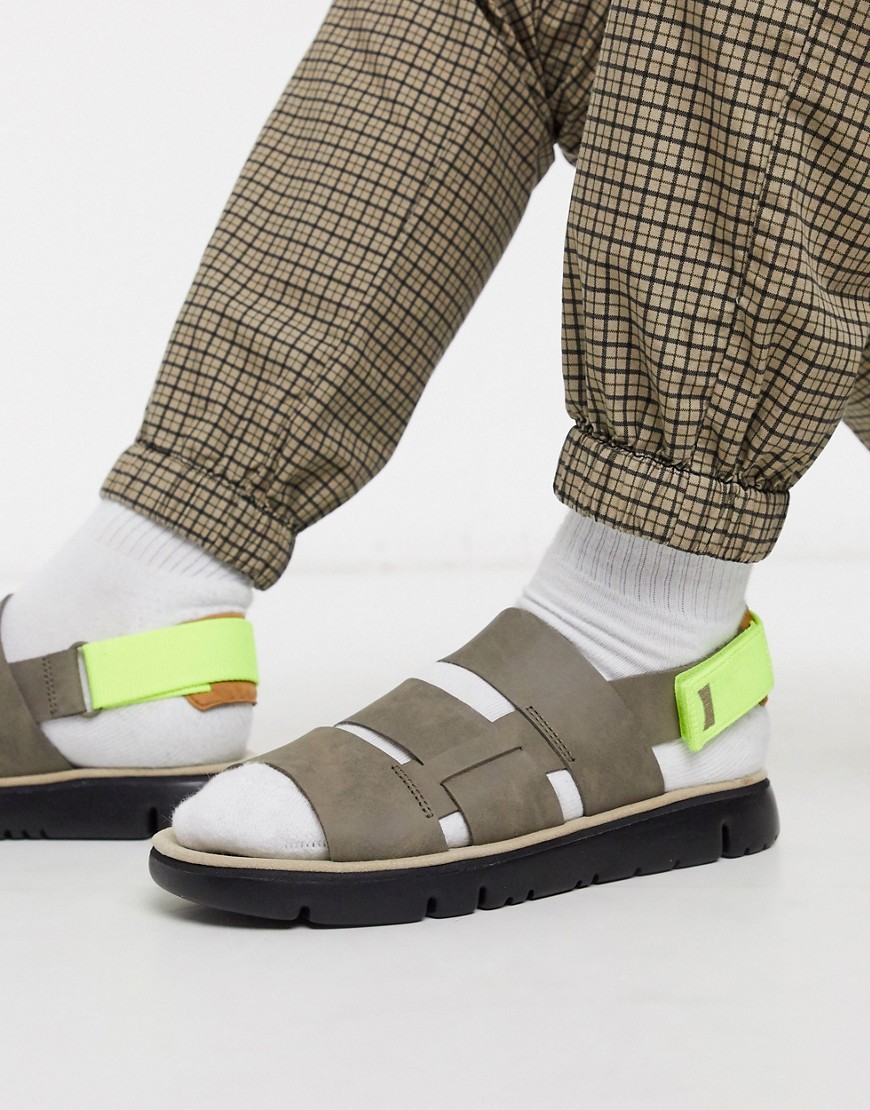 Camper triple strap sandals in grey with neon trim
