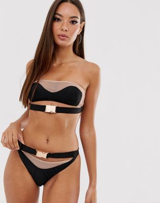 Candy Pants – Hoch geschnittener Bikini mit Netzeinsatz und Schnalle-Schwarz
