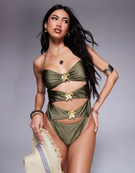 Candypants – Badeanzug in Olivgrün mit Cut-Outs und goldfarbener Metallblumenverzierung - view 1