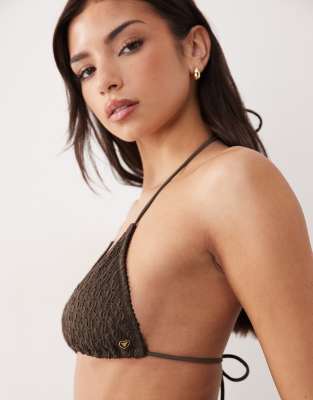 Candypants Broderie Triangle Bikini Top In Brown