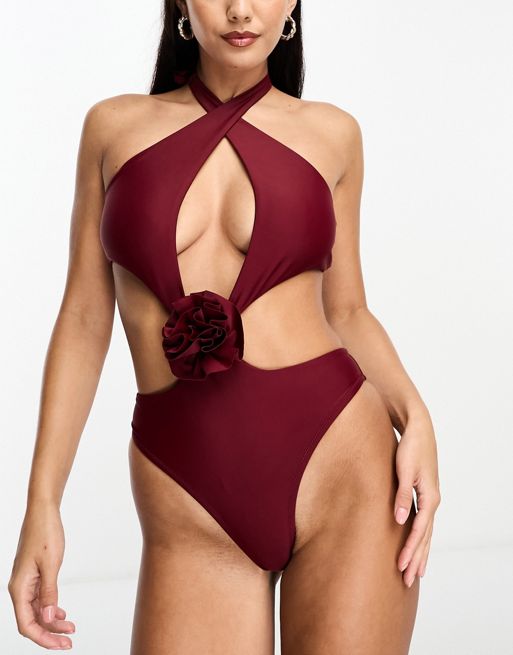 Candypants cross front cut out swimsuit with corsage detail in burgundy