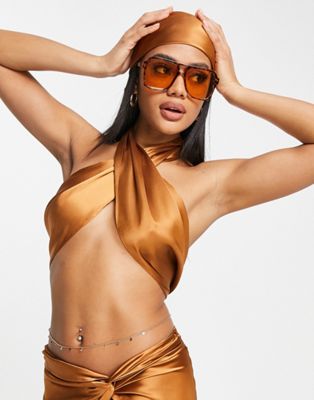 Candypants cross over wrap front crop top co-ord in bronze | ASOS