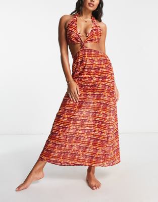 cutout cross over tiedye maxi summer dress in red