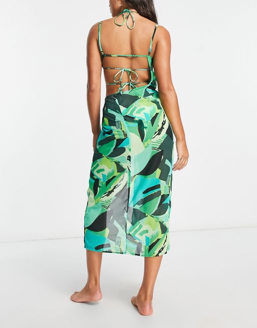 Candypants cutout midi summer dress in green absract print , 3 of 4