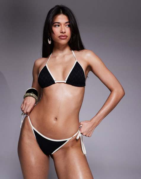 Candypants – Czarny fakturowany dół od bikini z kontrastową lamówką wiązany po bokach - view 1