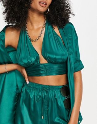 Candypants deep plunge halter beach crop top co-ord in green
