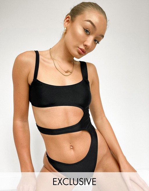Candypants Exclusive barely there asymmetric cut out swimsuit in black