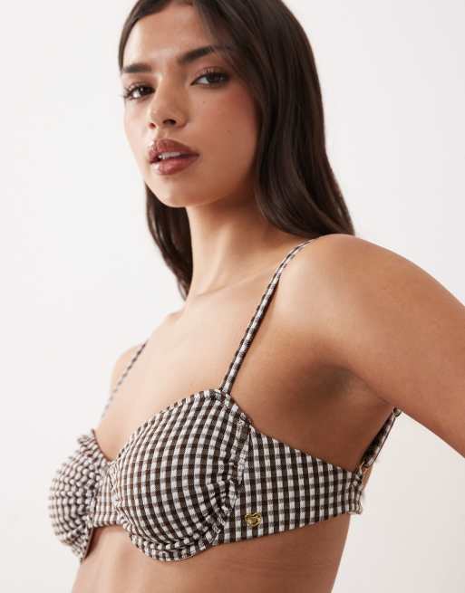 Candypants gingham print underwire bikini top in brown, 2 of 4