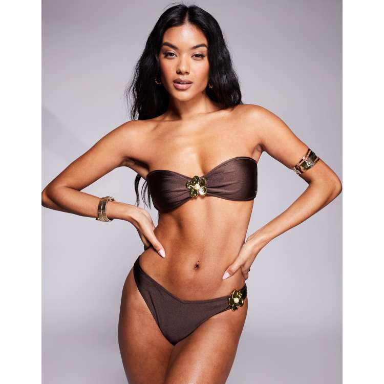 Candypants gold flower hardware bandeau bikini top in brown ASOS