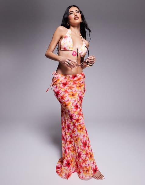 Candypants - Gonna lunga da spiaggia in georgette di poliestere rosa con stampa astratta a fiori - view 1